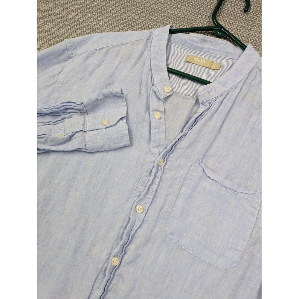 Isle Bay Linen Shirt Mens Large Blue Band Collar Long Sleeve Button Up